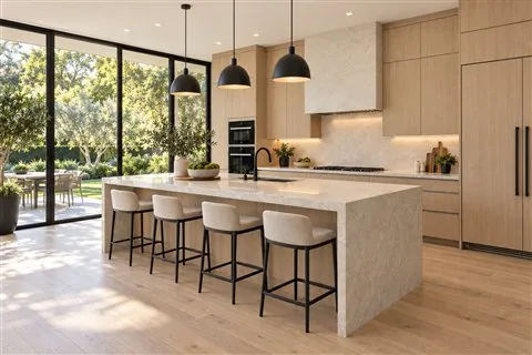 Mahogany kitchen cabinets with granite countertops and full backsplash