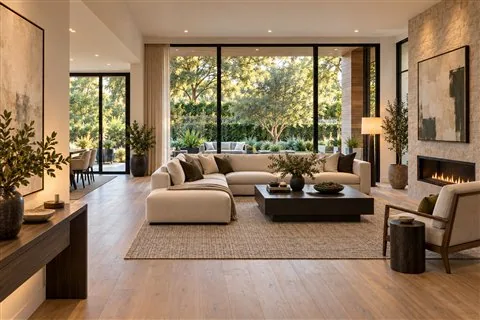 Sunken living room with dramatic dome above and courtyard views as backdrop